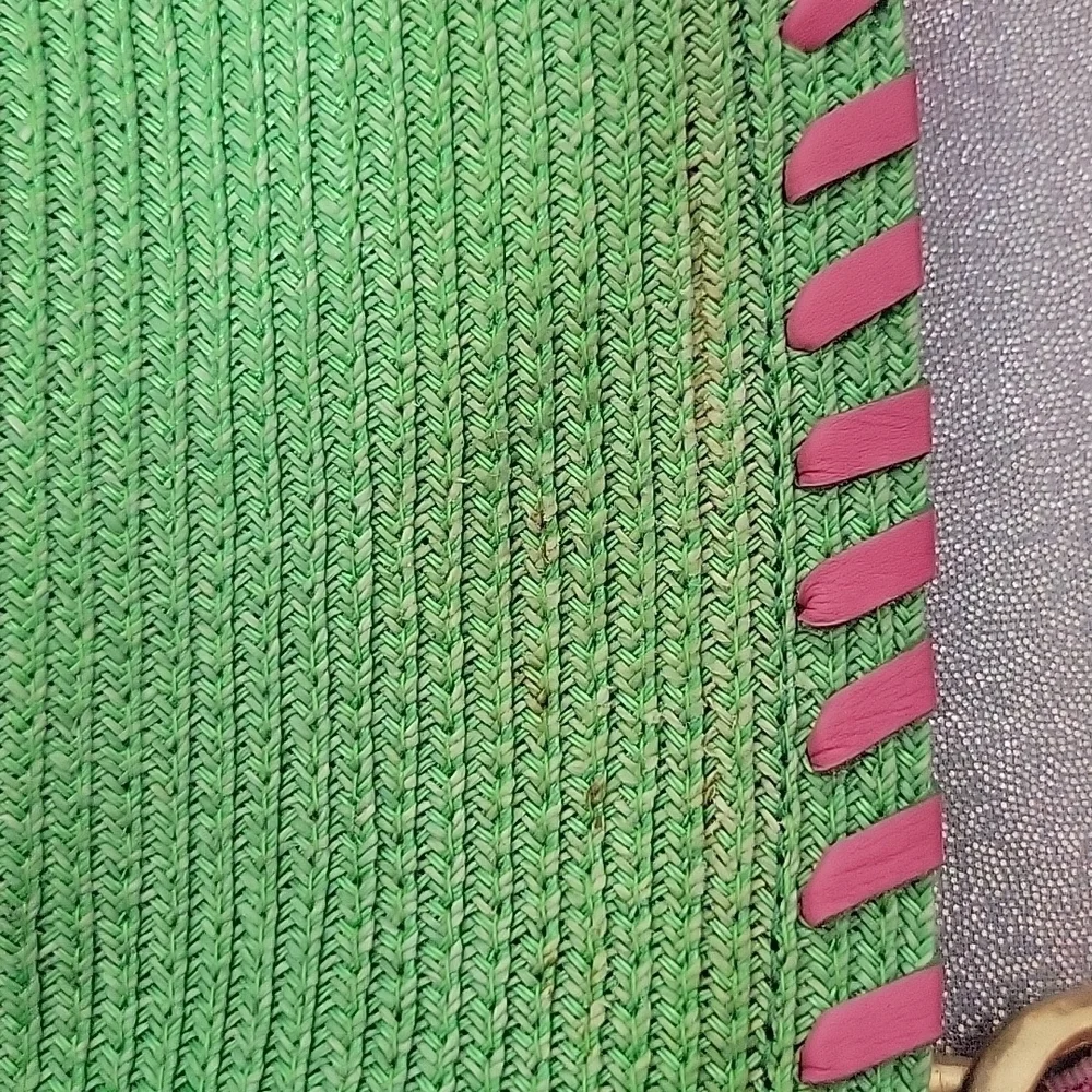 Y2K Vintage Juicy Couture XL Green & Pink Straw Tote Shopper Beach Bag Purse